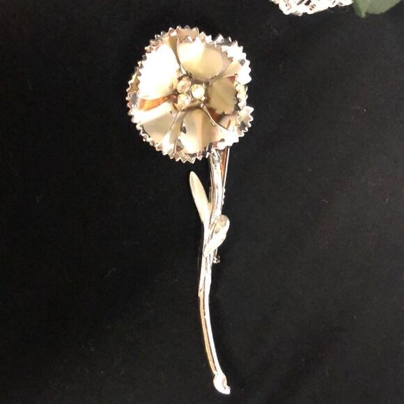 Vintage Jewelry - Vintage Silver Tone with Matte Color Three Rhinestones Carnation Brooch